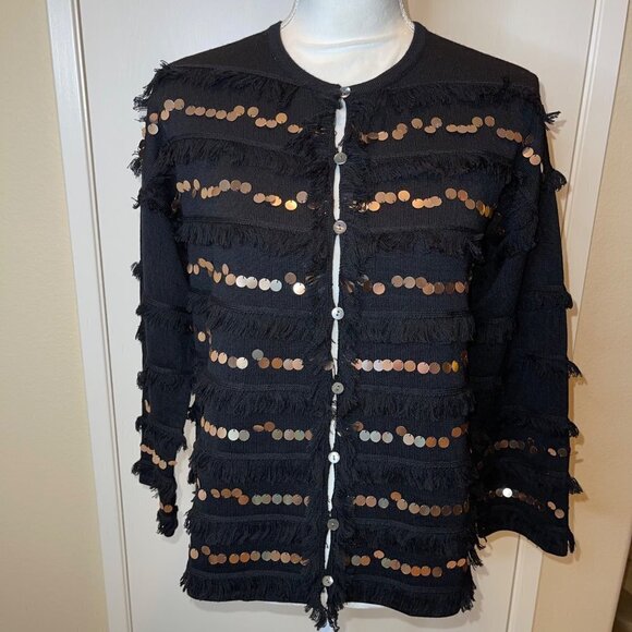 Edinburgh Knitwear Womens Jacket Black Size Medium Fringe Sequin Pure Wool NWT - Picture 11 of 13